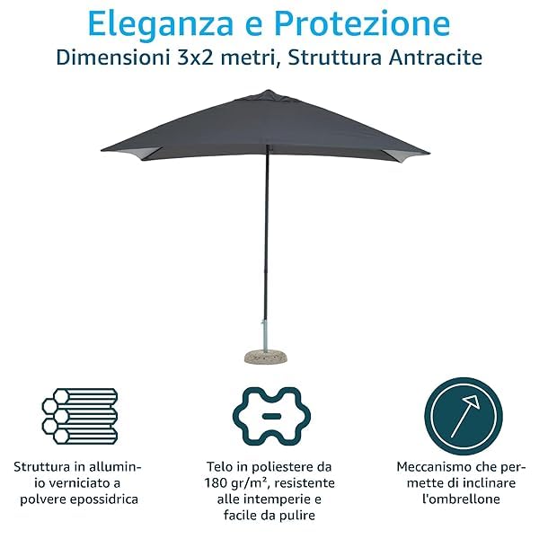 Sicignano | Ombrellone Lipari 3x2 Giardino Antracite, 6 Stecche in Ferro, Telo Poliestere 180 g/m², H.230 cm, Palo Ø3,8 cm - Terrazzo Piscina Ristoranti (Ombrellone senza Base)