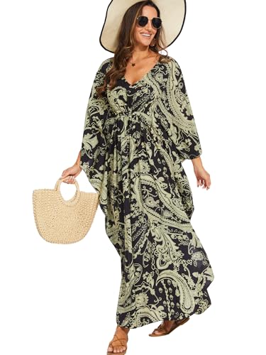 Image of Moss Rose Kaftan Dresses for Women V Neck Summer Swimsuit Cover up Caftan Maxi Beach Dresses