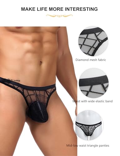 Mens Sexy Mesh Thong Low Rise G String T-Back See Through Underwear Black Breathable Panties for Men S-XL4