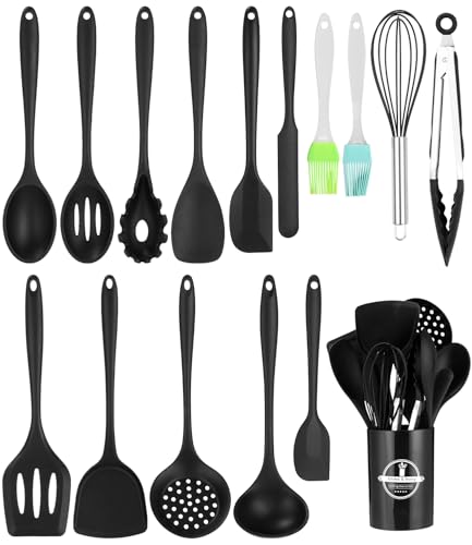 15 Piezas Utensilios de Cocina de Silicona,Negro Juego de Utensil...