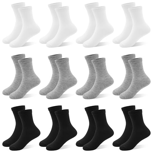 Image of 12 Pairs Boys Crew Socks, Unisex Kids School Socks Ages 1-14 | Classic black white grey multipack,easy to match daily outfits for boys and girls,thoughtful gift for back-to-school