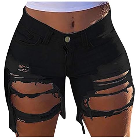 LLUO 2021 Summer Cut Off Denim Shorts for Women with Pockets Sexy Casual Frayed Plus Size Distressed Jeans Short Cute Mid Rise Ripped Hot Shorts Comfy Stretchy, 3-black, X-Large Cover