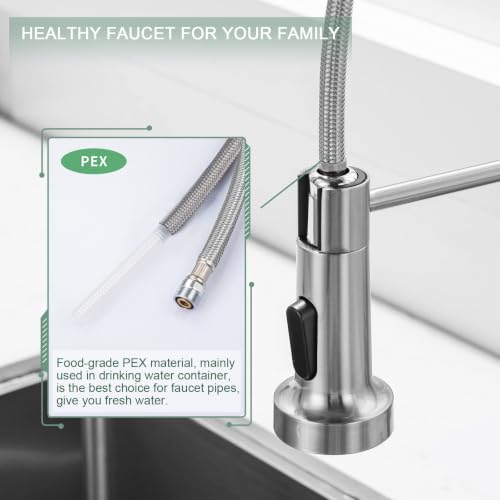 Image of WEWE Brushed Nickel Kitchen Faucet with Pull Down Sprayer, Single Handle Stainless Steel Sink Faucet with Deck Plate, 1 or 3 Hole Faucet for Kitchen, Laundry and RV