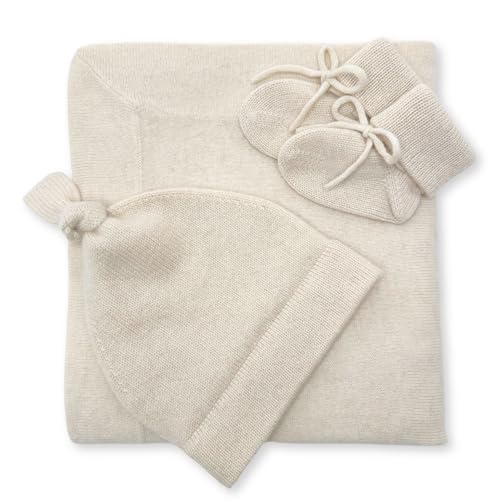 Jet&Bo BABY 100% Cashmere Baby Blanket, Beanie and Booties Gift Set Luxe Knit Natural - Unisex, Size 0-6 Months - Gift Box and Card Included