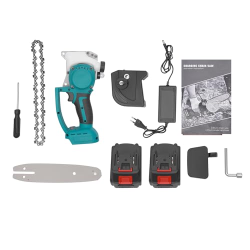 Mini motosierra de 8 pulgadas con batería, 2 x 21 V, 4 Ah, sin escobillas, 400 W, 19,69 ft/s, velocidad de 20 cm, corte profundo, aceite automático, jardín, sierra de podar, maletín de herramientas
