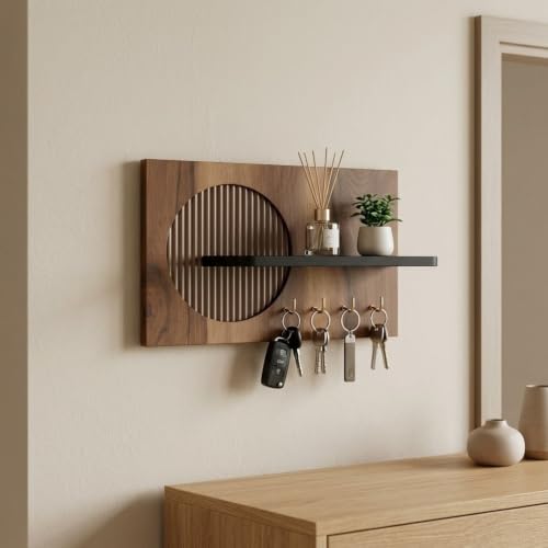 Image of Home Sparkle Wall Mounted Key Holder for Home Entrance with Shelf | Premium MDF Wood Organizer with Paint Finish | Modern Key Hanger Rack with 5 Hooks for Keys & Daily Essentials | Walnut & Black