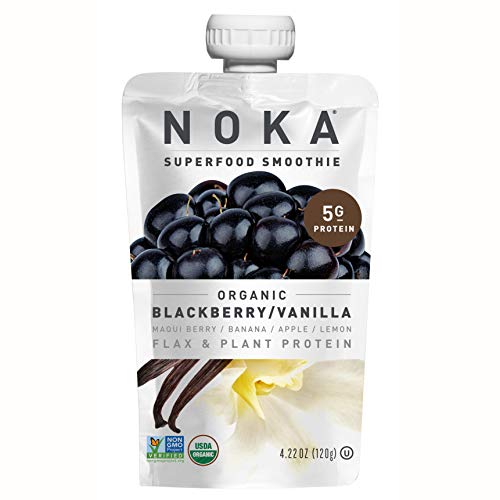 NOKA Superfood Smoothie Pouches (Blackberry Vanilla) 12 Pack | 100% Organic Healthy Fruit And Veggie Squeeze Snack Packs | Meal Replacement | Non GMO, Gluten Free, Vegan, 5g Plant Protein | 4.2oz Each