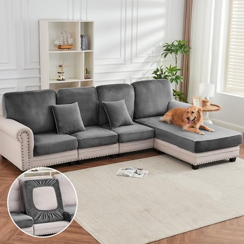 Image of Stretch Silver Fox Velvet Sectional Couch Covers - 4-Piece Sofa Cushion Covers for Left /Right L-Shaped Chaise, Soft and Comfortable Slipcovers for Sectional Sofa(3 Seater + 1 Chaise,Grey)