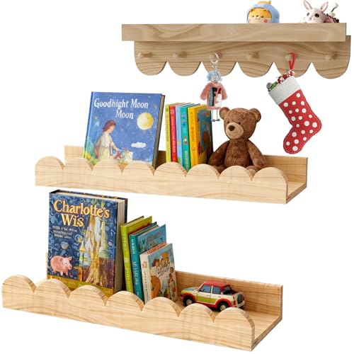 BunteHunde Nursery Shelves 3- Pack Nursery Book Shelf with Hook 15.75-Inch Kids Wall Bookshelf (Wood)