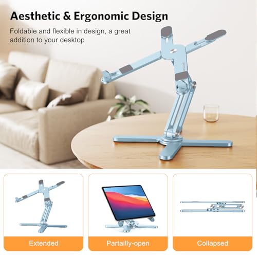 Image of OMOTON 360 Rotating Laptop Stand Riser for Desk, Ergonomic Foldable Computer Stand Adjustable Height Angles for Collaborative Work, Easy Storage Fit Macbooks,All Laptops up to 16 inches,Sky Blue