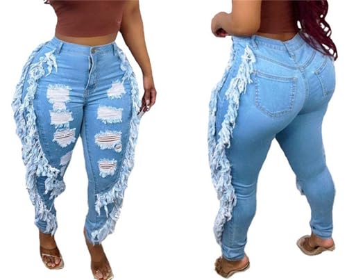 Women's High Waisted Fringe Ripped Jeans Tassels Distressed Denim Pants Destroyed Mid High Waist Denim Pants Trousers3