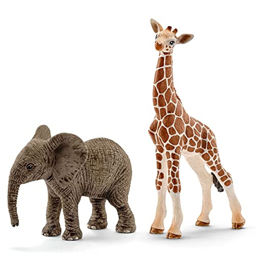 SCHLEICH 14798 Spielfigur Elefant und Giraffe, Grau/Braun