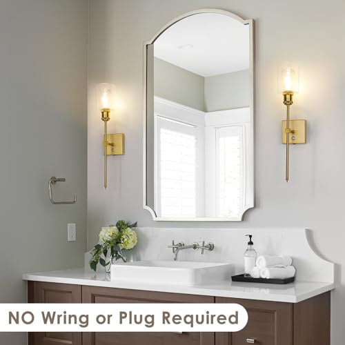 Image of Neoglint Battery Operated Wall Sconces Set of 2, 5000mAh Rechargeable Wireless Wall Lights, Satin Brass Gold with Glass Shade, Dimmable Touch Control Non-Hardwired Lamps for Bedroom Living Room