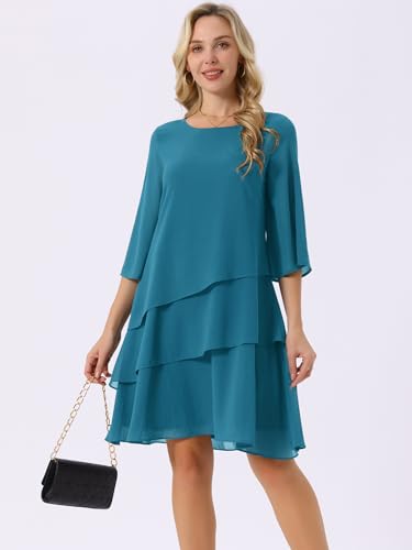 Image of Seta T Women's Chiffon Dresses 3 /4 Bell Sleeve Crewneck Tiered Layered Flowy Dress Party Wedding Outfits