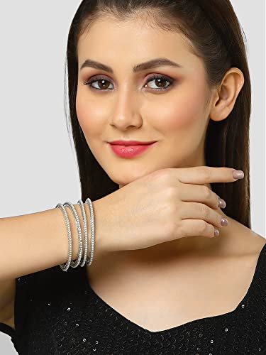 Image of Karatcart Oxidised Silver Pearl Studded Tribal Set of 4 Bangles for Women