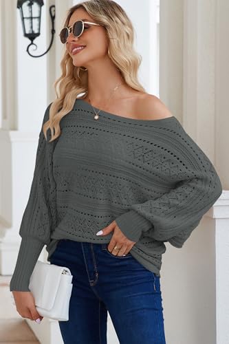 Image of Cakulo Womens Off Shoulder Sweater Top Fall Outfits Fashion 2025 Oversized Knit Batwing Long Sleeve Crochet Pullover Sweaters