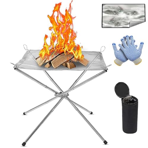 flintronic Fire Pit Outdoor, Tragbare Feuerstelle Fire Pit Outdoor mit Feuer Pit Mat und Carry Bag, für den Garten & Balkon, Camping, Groß, 304 Edelstahl, 42 x 42 x 34cm