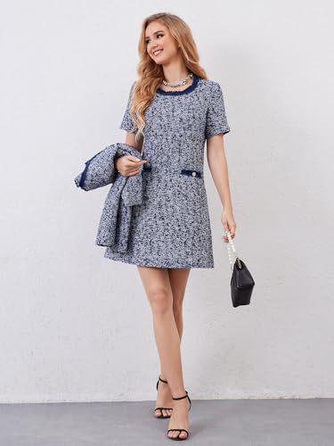 M.Infisavo Women’s Tweed Jacket Dress with Pockets Short Sleeve A Line Mini Elegant Bodycon Vintage Casual Crew Neck Dresses2