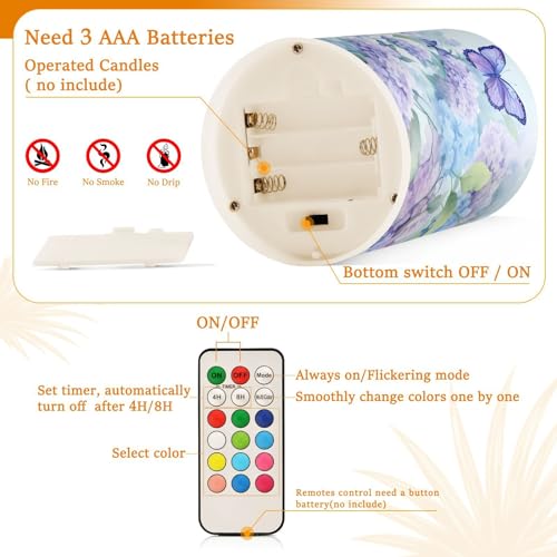 Image of ALAZA Blue Hydrangea Flowers with Butterflies Flickering Flameless Candles Battery Operated with Remote Timer,Tea Light Candles LED Pillar Votive Candles Set of 2 for Outdoor Indoor Decorations