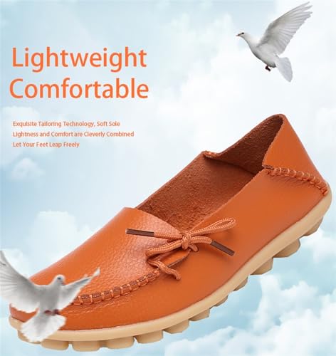 Women's Genuine Leather Lightweight Loafers Comfortable Slip On Tie-Bow Moccasins Wide Width Flats Shoes Breathable Anti Slip Beef Tendon Bottom Walking Boat Shoe3
