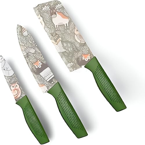 Image of Stainless Steel Knife Set - 3-Piece Chef, Utility & Paring Blades with Anti-Slip Handles & Color Coating | Sharp Kitchen Knives for Slicing, Dicing, Chopping (Dark Green)