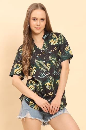 Image of Womens Casual Shirt Soft Beach Shirts Floral Tropic Print V Neck T-Shirt Short Sleeve Button Up Tops