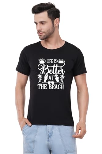 Image of Caseria Men's Cotton Printed T-Shirt -Life is Better Beach | 100% Cotton | Half Sleeves | Regular Fit | Printed | Round Neck | Graphic T Shirt