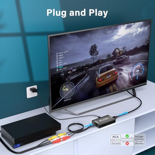 Gulemfy RCA auf HDMI Konverter, AV auf HDMI-Adapter, 1080P Composite CVBS AV zu Video Audio Konverter Mit HD-MI-Kabel Unterstützung PAL/NTSC, für PS2 PS3 Xbox SNES N64 STB VHS VCR DVD