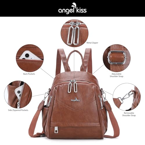 Image of Angel Kiss Small Backpack Purse for Women,Soft Vegan Leather Roomy Backpacks,Designer Ladies Shoulder Backpack Fashion Handbag with Removable Strap,Brown
