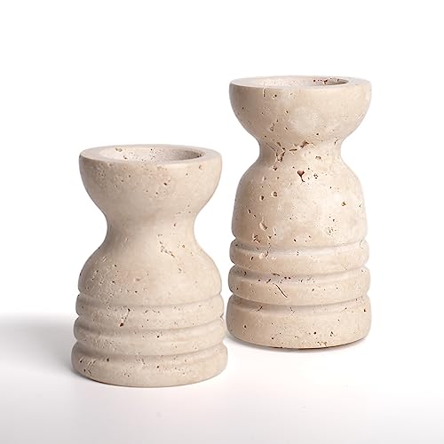 WORHE Candle Holders Italy True Natural Travertine Stone Set of 2 Premium Marble Candlestick Holder for Wedding Dinning Party Candle Stand for Dia 3/4