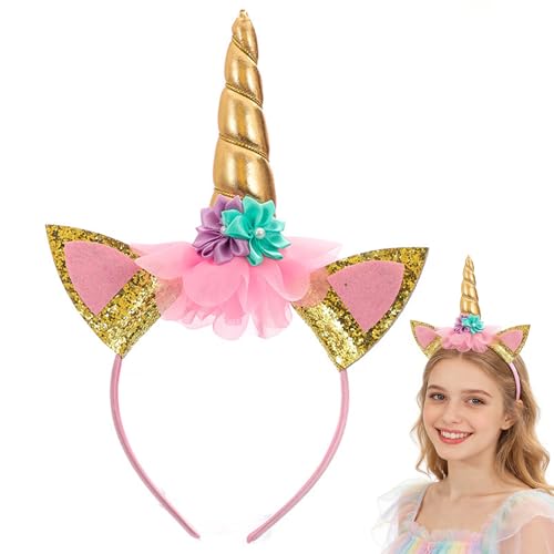Jiahuade Einhorn Stirnband Einhorn Horn Haarreif Einhorn Haarreif mit Ohren und Blumen Head Accessoires Party Dekoration Kostüm Accessoires für Karneval & Fasching