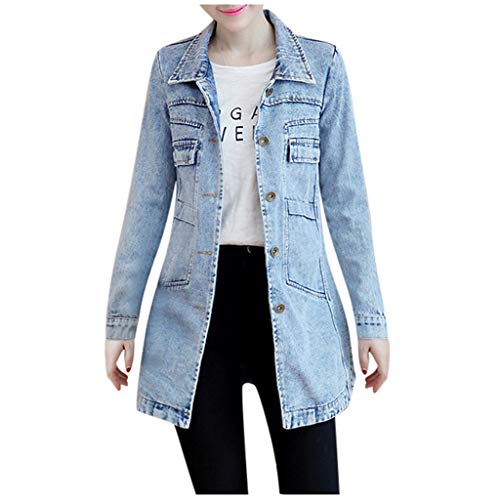 BBZUI Women Plus Size Fashion Lapel Casual Long Jacket Denim Buttons Cardigan with Pockets (Light Blue, XL)