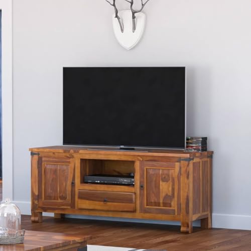 Image of Sheesham Rosewood, 1 Drawer Solid Wood TV Entertainment Unit | Wooen TV Cabinet Living Room & Office Honey Finish