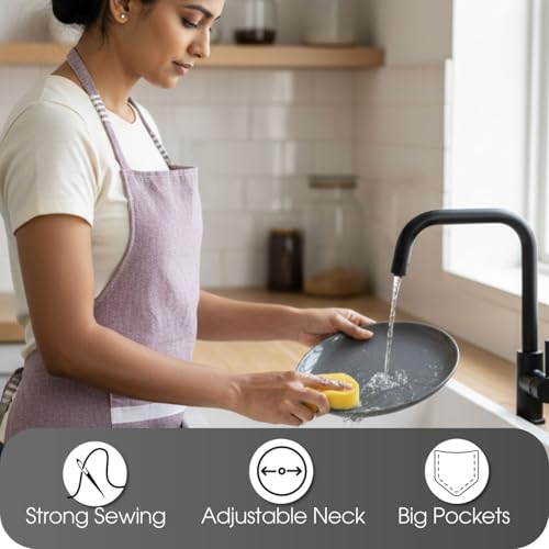 Image of Unisex Cooking Aprons | Waterproof Apron | Striped Design with 2 Front Pockets & Adjustable Neck Strap | Durable, Oil & Stain Resistant | Chef Apron for Cooking
