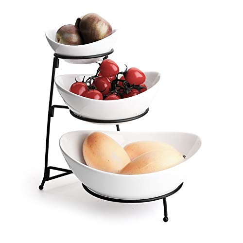 Suwimut 3 Tier Oval Bowl Set with Metal Rack Bright White Three Ceramic Fruit Bowl Serving for Chips Dips Dessert Appetizer Cake Candy Fruit Tiered Serving Stand with Nesting Bowls for Easy Storage