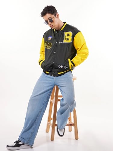Image of Bewakoof Men's Printed Oversized Fit Full Sleeve Stand Collar Nylon Jacket