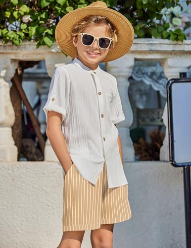 Image of Arshiner Boy's 2 Piece Beach Outfit Short Sleeve Textured Button Down Shirt and Short Sets Summer Vacation Wear 4-12 Years