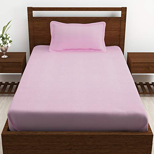 Image of Story@Home 210 TC Spark Solid Plain Cotton Single Bedsheet with 1 Pillow Cover (Light Pink)