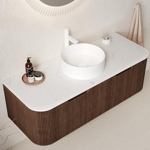 Image of KEIKI 48 inch Floating Bathroom Vanity with Sink, Modern Wall Vanity Cabinet with Curved Edge Design, 2 Soft-Close Drawers & White Ceramic Vessel Basin, Pre-Assembled Bathroom Vanity, Walnut