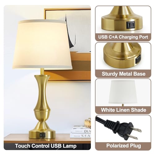 Image of Luvkczc 22 inch Gold Table Lamps Set of 2 - Modern Luxury Bedside Lamps | White Fabric Shade, Dimmable & Dual USB C+A Ports, Nightstand Lamps for Bedroom /Living Room (Bulb Included)