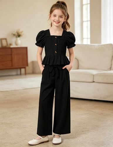 Image of Girls Clothes Solid Color Square Collar Stretch Top and Wide Leg Pants Clothes for Teen Girls 6-14Y