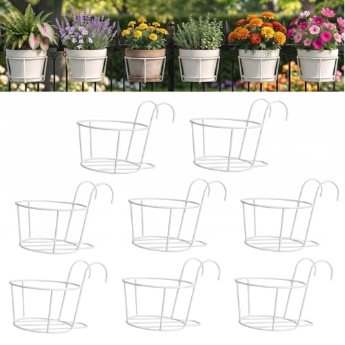PRIME KRAFTS Anti Rust Metal Hanging Planters for Balcony | Round Flowerpot Holder | Railing Planters, Fence Garden Flowerpot, Gamla, Flower Pots for Home and Garden (White - Pack of 8)