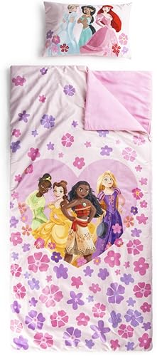 Jay Franco Sac de Couchage Princesses Disney avec Oreiller intégré, Ensemble Couverture et Oreiller, Tapis de Sieste avec poignée de Transport, 2 pièces