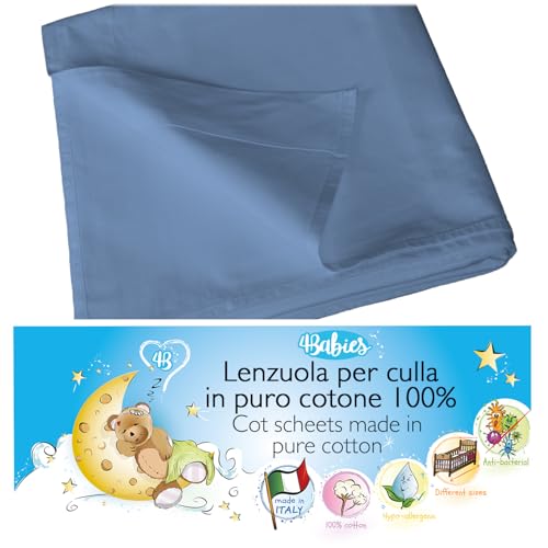 4BABIES - Lenzuolo sopra per culla - Lenzuolino lettino con sbarre - Biancheria da letto per bambini in 100% Cotone Made in Italy certificato OEKO-TEX - Smoke Blue