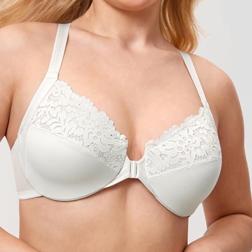 Image of DELIMIRA Women's Front Closure Racerback Bras | Plus Size, Full Coverage, Lace, Underwire, No Padding Unlined