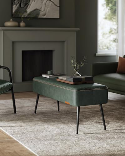 Image of VASAGLE Bench for Entryway, PU Leather, Steel Legs, Loads 660 lb | Ottoman Bench, Transitional, with Stitching, Bedroom, Living Room, Forest Green, EKHO Collection ULOM076C01