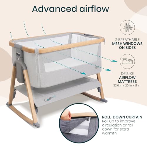 Image of Tutti Bambini CoZee Air Baby Bassinet & Bedside Sleeper - Rocking Bassinet for Baby, Fast-Folding with Travel Bag, Deluxe Airflow Mattress & 6 Mattress Heights, 0-6 Months (Silver & Oak)