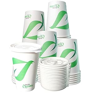 16 oz Compostable Paper Cups with White Flat Lids – Biodegradable Disposable White Paper Coffee Cups PLA Lined – Eco-friendly Hot and Cold Drinking Cups (25)