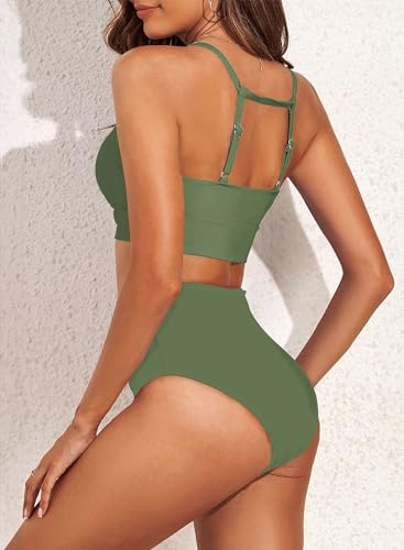 Image of Herseas Women's Bikini Sets High Neck Tropical Leaf Print High Waisted Two Pieces Swimsuits Bathing Suits