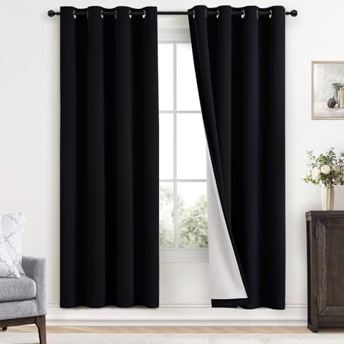 Yakamok 100% Blackout Curtains Black Room Darkening Thermal Insulated Window Curtain with 2 Thick Layers-Set of 2 Panels Grommet Top Drapes for Bedroom Living Room 52 Inches by 72 Inches Length